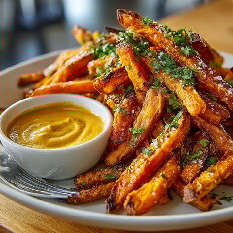 A plate of sweet potato fries with a creamy thai peanut dip.