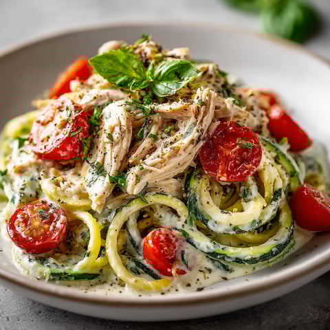A plate of food with chicken and zucchini noodles.