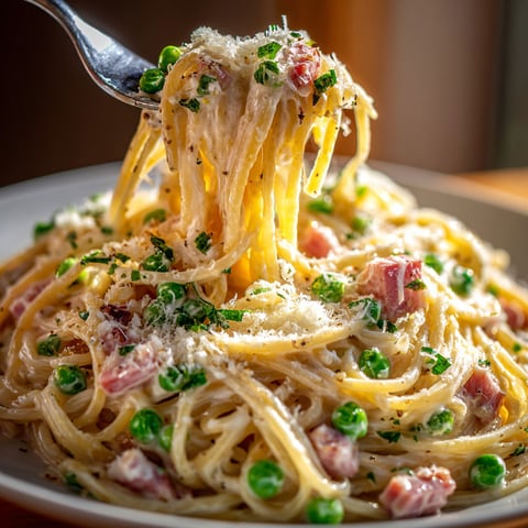 A plate of pasta with peas and ham.