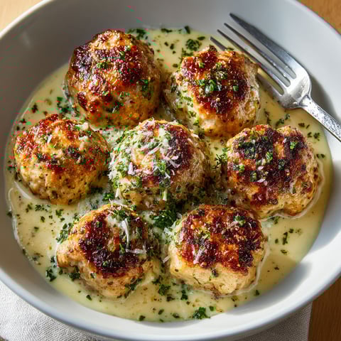 A bowl of meatballs in a creamy sauce.