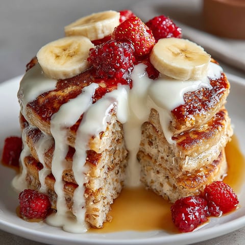 Banana oat pancakes with whipped cream and strawberries.