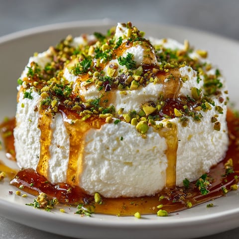 A plate of whipped ricotta with pistachios and honey.
