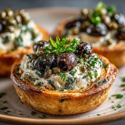 Two small savory ricotta tartlets with olives and capers.