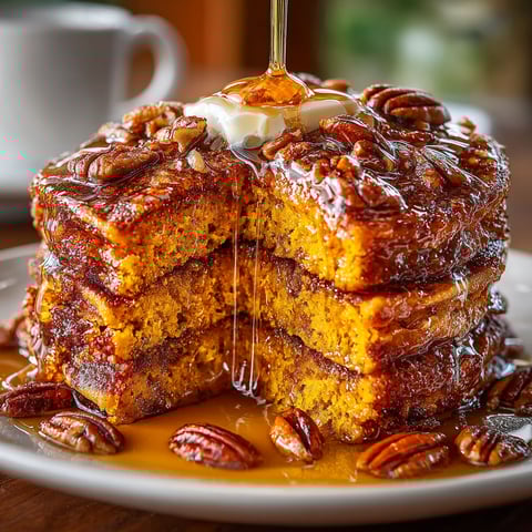 A stack of pumpkin pancakes with syrup drizzled on top.
