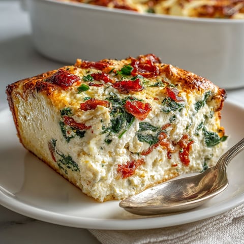 A slice of baked ricotta with spinach and tomatoes.