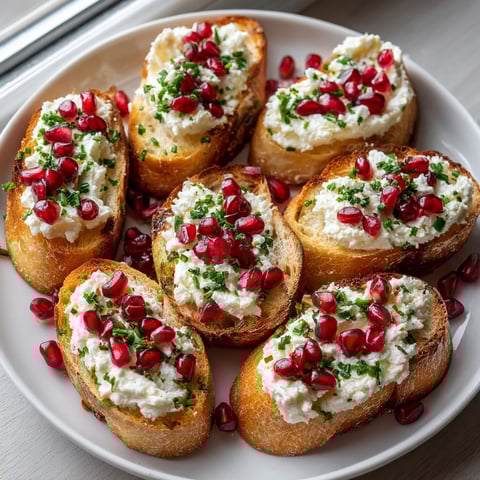 A plate of crostini with goat cheese and pomegranate.