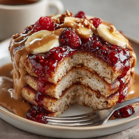 A stack of pancakes with bananas and raspberries on top.