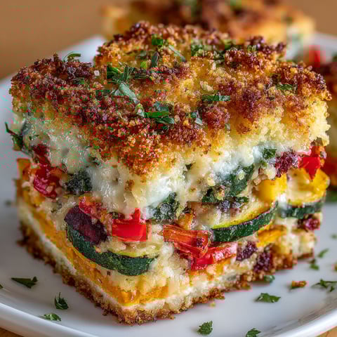 A surreal casserole with a slice of pizza on top.