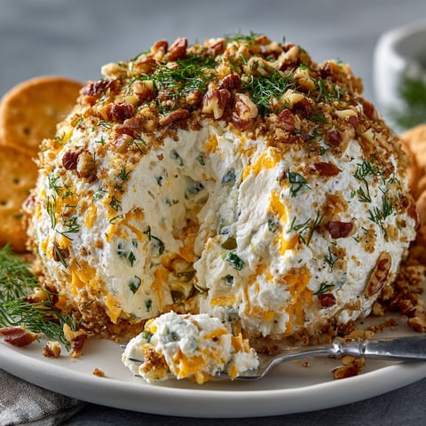 A cheese ball with a pickle fix on top.