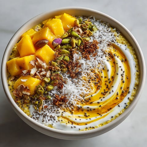 A bowl of food with a golden milk oatmeal.