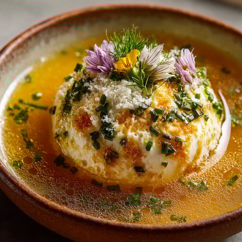 A bowl of soup with a floating island.