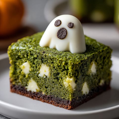 A square piece of cake with a white chocolate ghost on top.