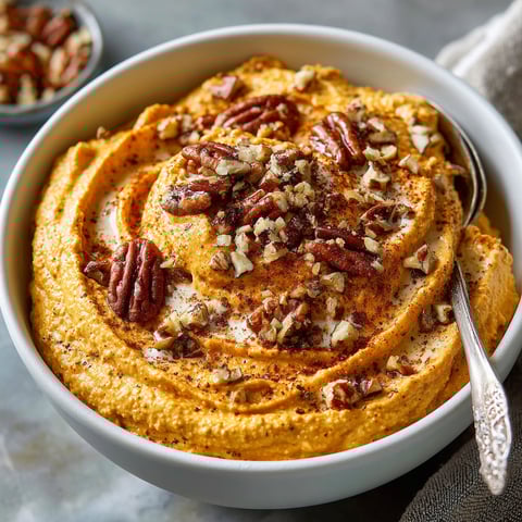 A bowl of pumpkin dip with nuts on top.