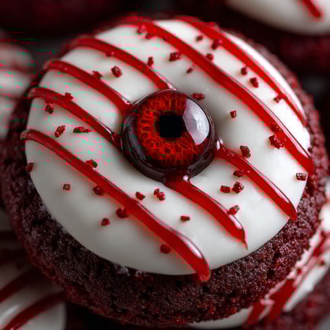 A red velvet cake mix eyeball cookie with a red frosting.