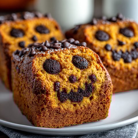 Two slices of pumpkin bread with skull faces on them.