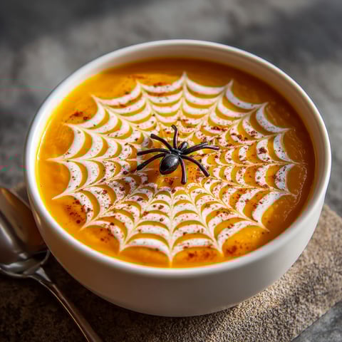 A bowl of soup with a spider in it.