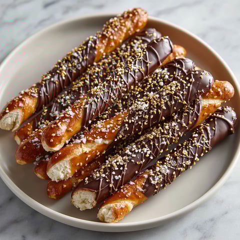 A plate of chocolate covered pretzels.