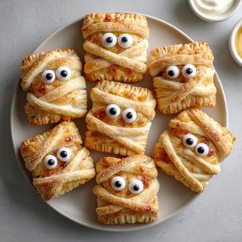 A plate of mummy hand pies with Greek yogurt.
