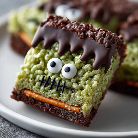 A plate with two rice krispie treats shaped like a monster.