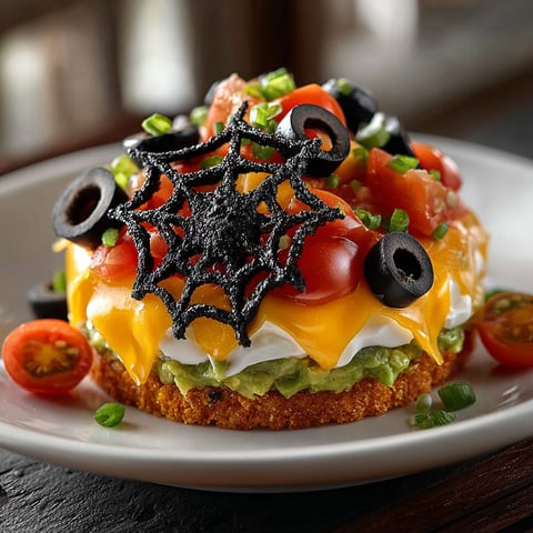 A plate of food with a spider web design on top.