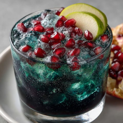 A glass of blue drink with pomegranate seeds in it.