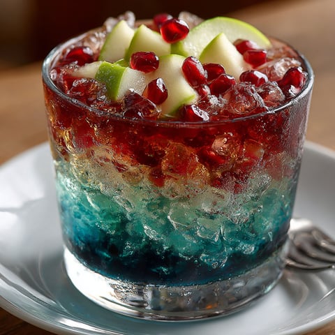 A glass of red, white and blue drink.
