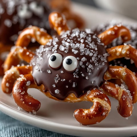 A plate of sea salt dark chocolate spider pretzels.