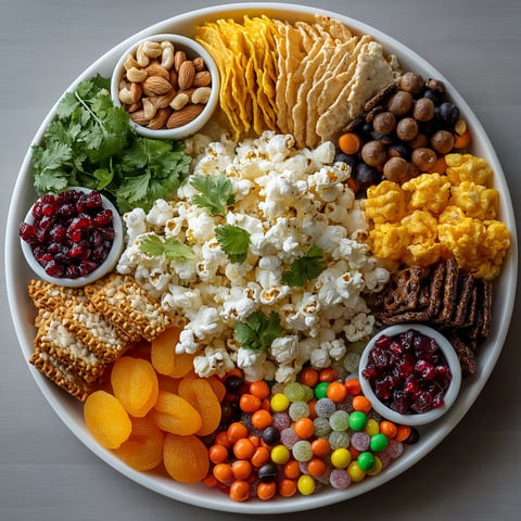 A plate of food with a variety of items including popcorn, nuts, and candies.