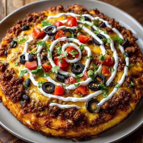 Close-up Spiderweb Taco Pizza slice showing savory textures, ripe tomatoes and creamy web.
