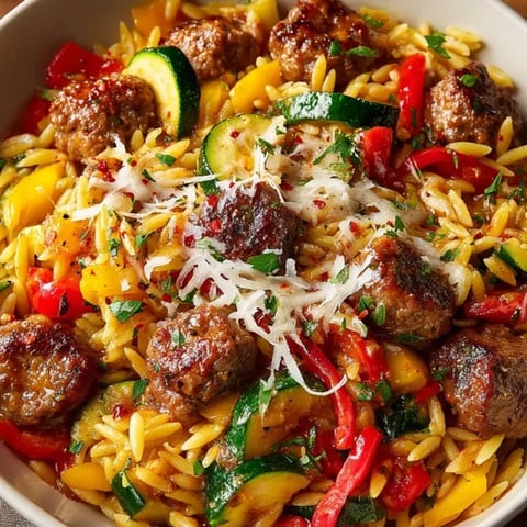 One-Pan Italian Orzo Skillet, bubbling hot and cheesy with sausage and bright vegetables.
