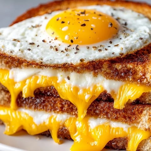 Golden and melty Breakfast Grilled Cheese with Egg, sizzling in a pan, ready to eat!
