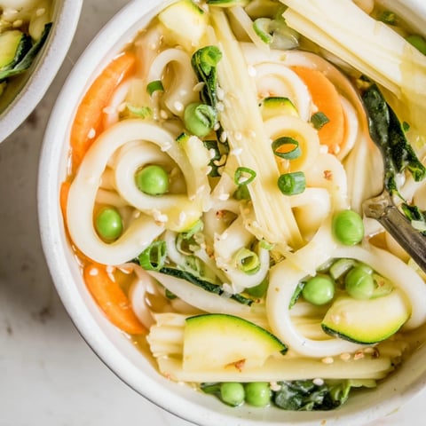 Sweet Soy Udon Lasagne Soup: Layers of pasta & chewy noodles swim in savory broth.