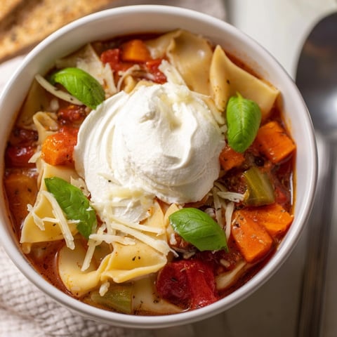 Bowl of Lasagne Soup with Pumpkin Ricotta, steamy, topped with basil and melted mozzarella.