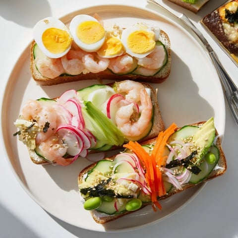 Vibrant Japanese Bento Open-Face Sandwiches featuring colorful arranged toppings on toasted milk bread.