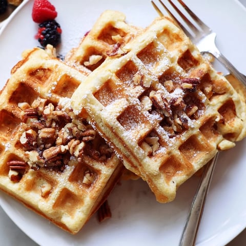 Light and fluffy Ricotta Lemon Hazelnut Waffles topped with fresh berries and honey.