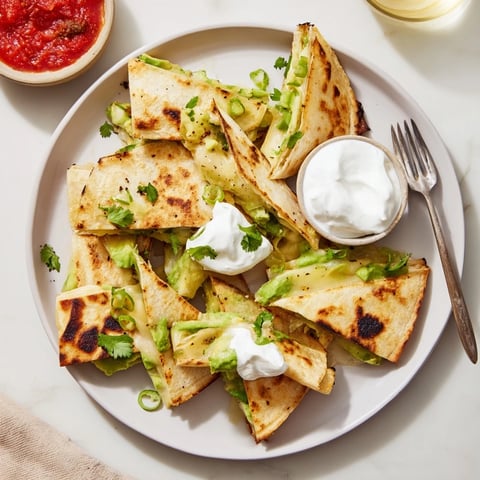 Crispy Avocado Cheddar Grilled Quesadilla, golden brown edges, served with fresh salsa.  