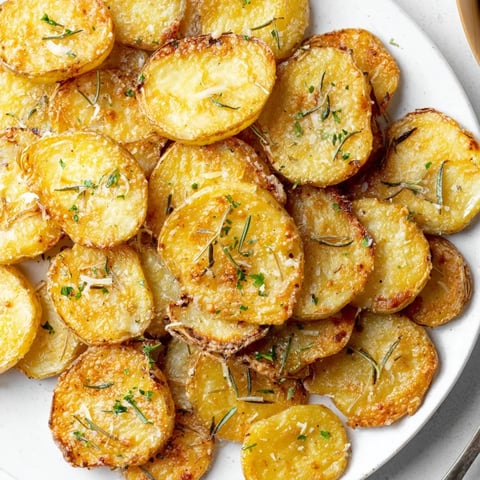 Golden, crispy Garlic Rosemary Potato Rounds garnished with fresh parsley and Parmesan.  