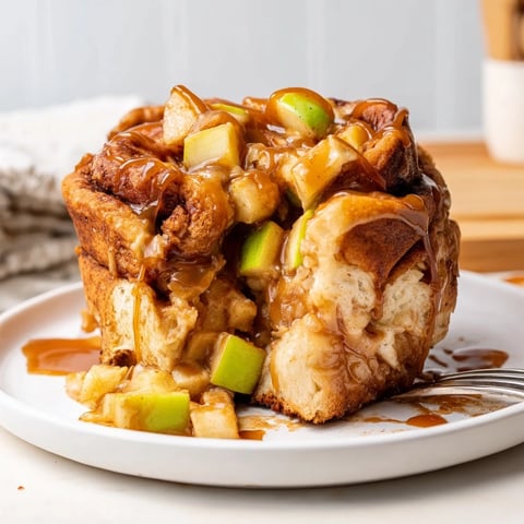 Warm Caramel Apple Cinnamon Roll Bake drizzled with gooey caramel and icing.  