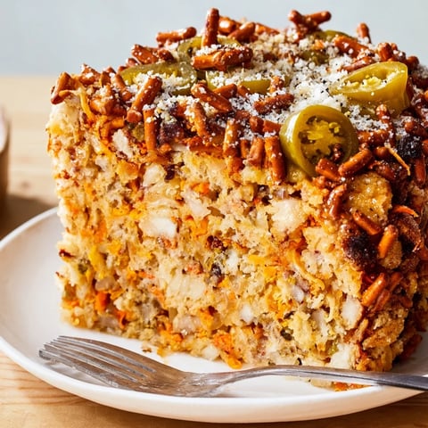 Spicy Ranch Pretzel Chaos Cake topped with jalapeños, savory and crunchy for party snacks.  