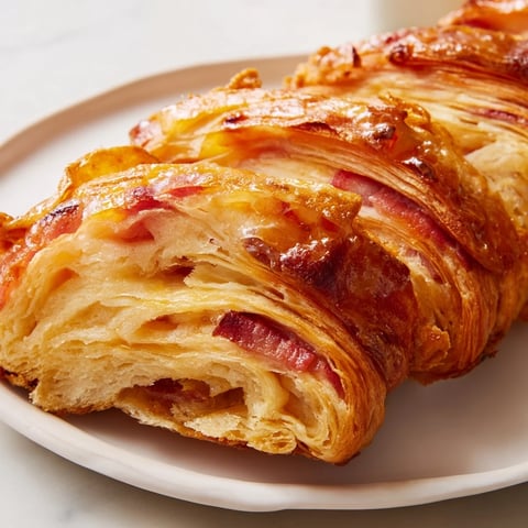 Decadent maple bacon croissant loaf, perfect for a flavorful brunch gathering.  