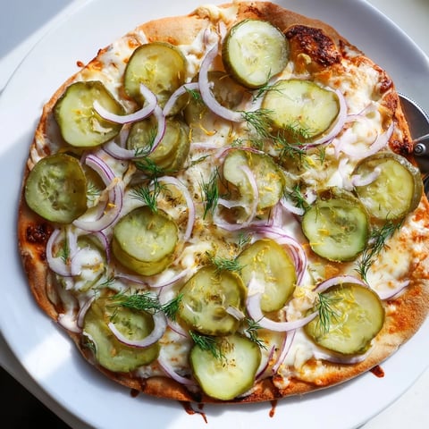 Tangy Pickle Pizza topped with creamy sauce and crunchy dill pickles delightfully baked.