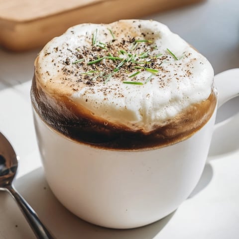 A warm Onion Latte topped with creamy foam and caramelized onion sweetness.  