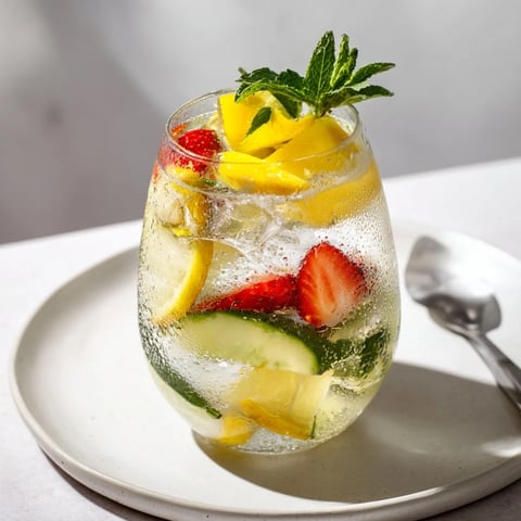 Refreshing water-based mocktails with mint and lemon slices in tall glasses.  