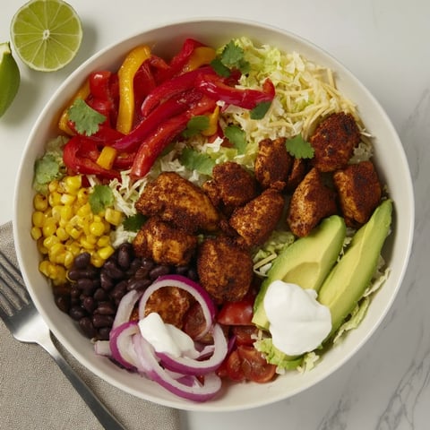 Vibrant Sheet Pan Chicken Burrito Bowls topped with fresh avocados and cilantro.  