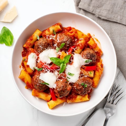 Hearty Italian Meatball Pasta Skillet bubbling with melted cheese and rich tomato sauce.  