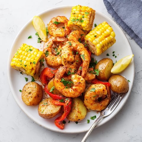 Vibrant Cajun shrimp & sweet corn platter served with roasted potatoes and lemon wedges.  