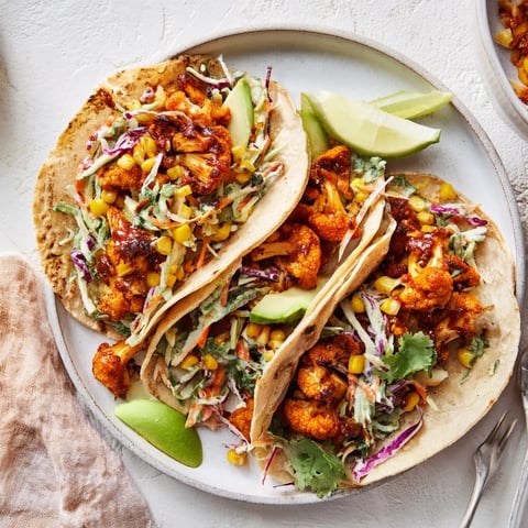 Smoky BBQ cauliflower tacos with sweet corn, vibrant slaw, and creamy avocado.  
