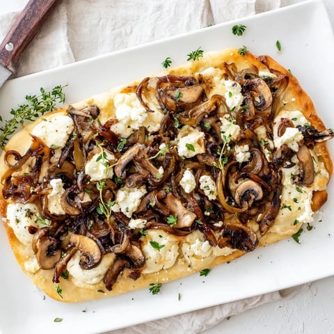 Savory caramelized onion & mushroom flatbread garnished with fresh herbs and melted cheese.  