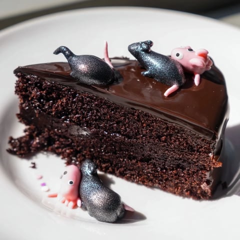 Decadent Rat Cake with Whipped Chocolate Ganache; a moist, dark chocolate dessert with playful rat details.