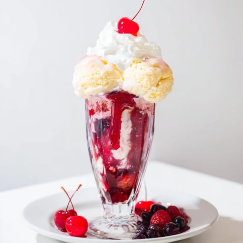 Homemade Fruit Soda Floats with vibrant cherry syrup, vanilla ice cream, and refreshing lemon-lime soda.